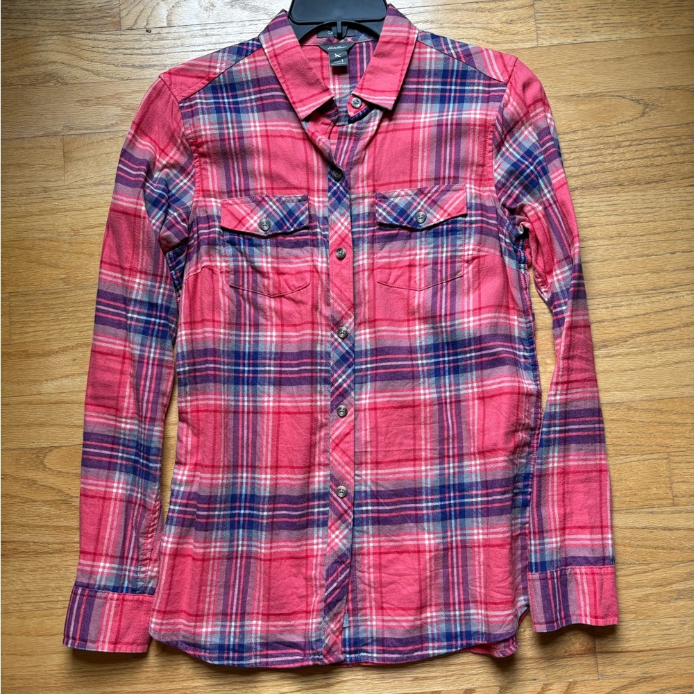 Eddie Bauer Women’s Orange and Blue Flannel Button Down Shirt small